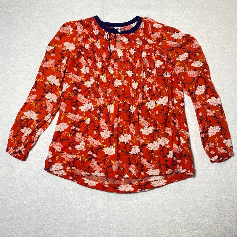 Old Navy Pintuck Floral Blouse Women's XS Coral Keyhole Neck Long Sleeve Top
